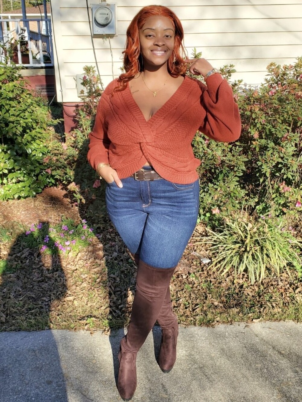 Fashion Nova Rust V‑Neck Twist Front Sweater
